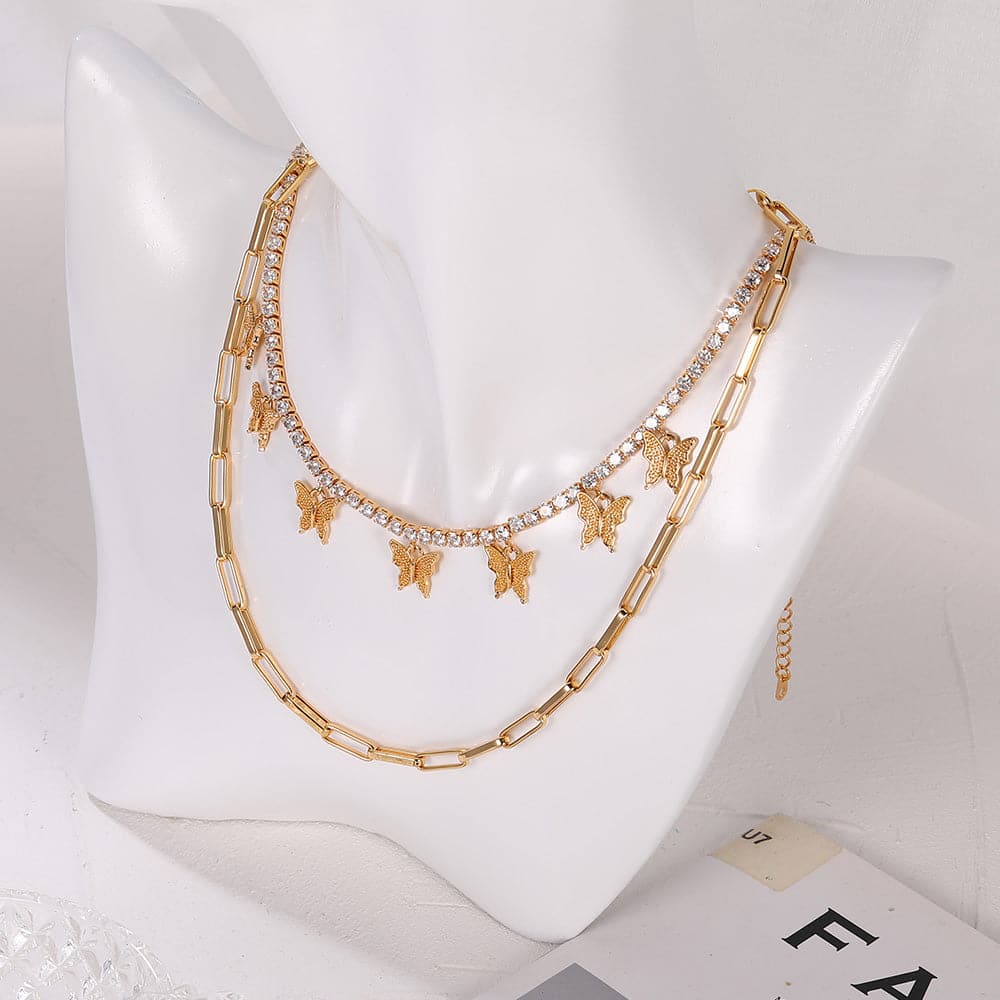 U7 Jewelry Concise Layered Necklace Set CZ Butterfly / Paper Clip Choker 