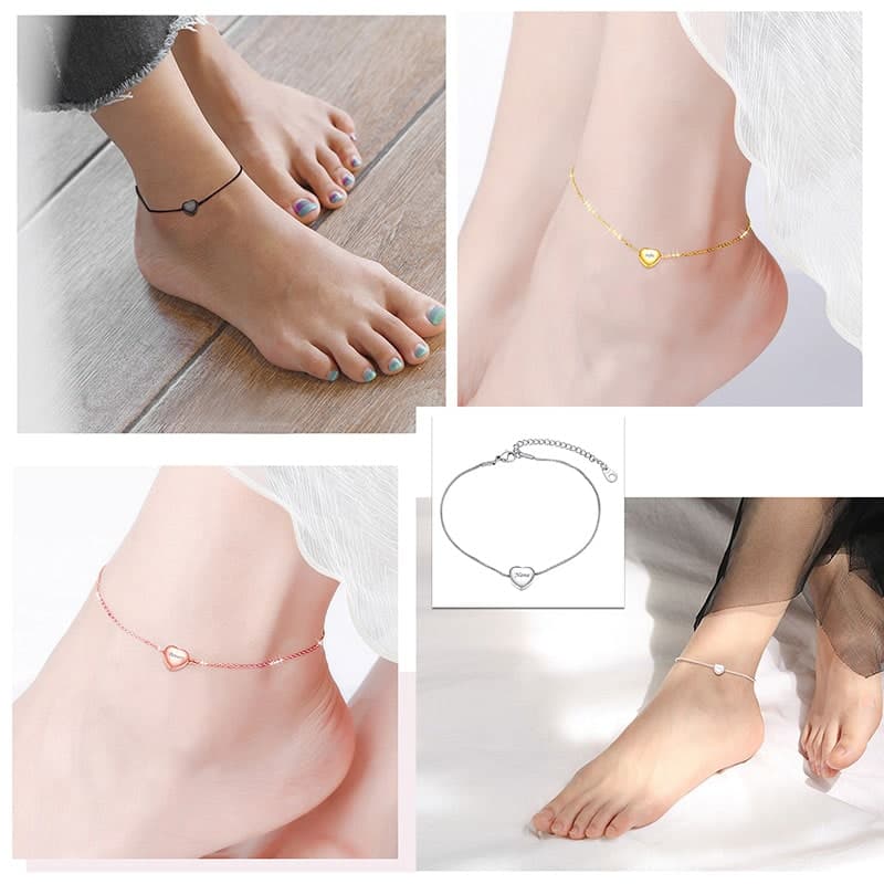 Engraved Summer Anklet for Women Hear Box Chain Ankle Bracelet 