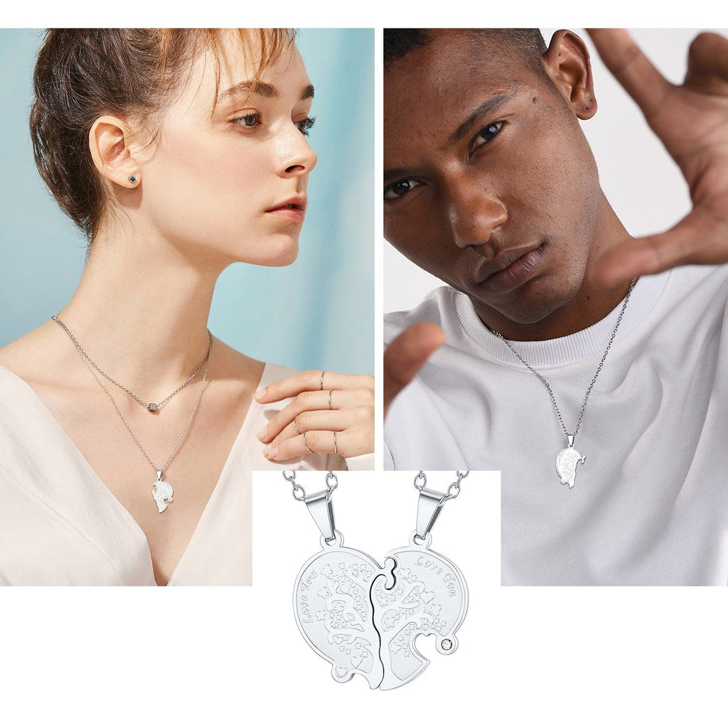 Personalized Engraved Family Tree of Life Puzzle Piece Couple Necklace 