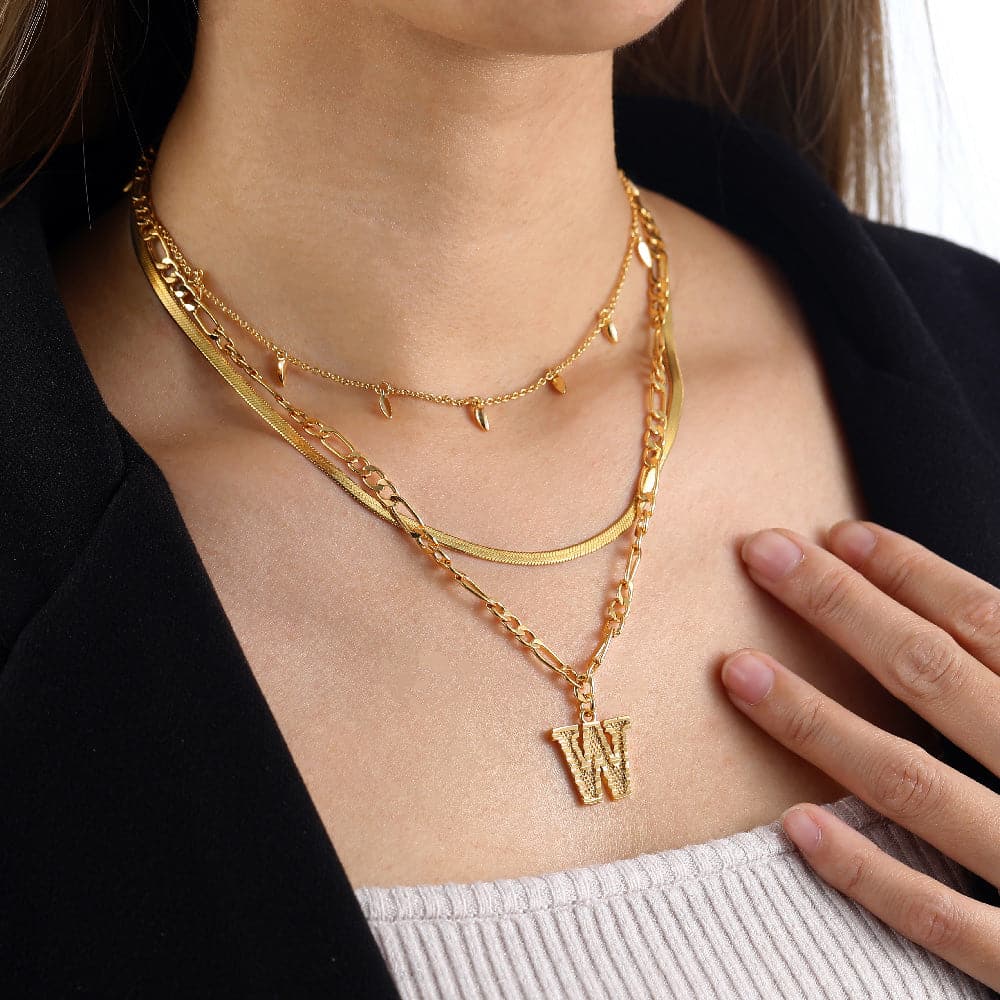 U7 Jewelry Layered Necklace Set Wheat Leaf / Herringbone/Custom Initial Necklace 