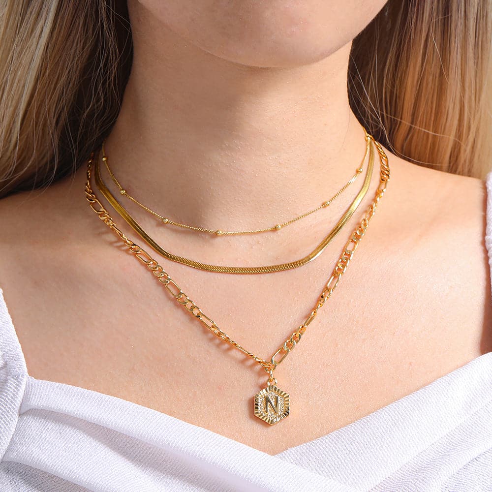 U7 Jewelry Layering Necklace Set Tiny Ball/ Herringbone/Custom Initial Figaro Necklace 