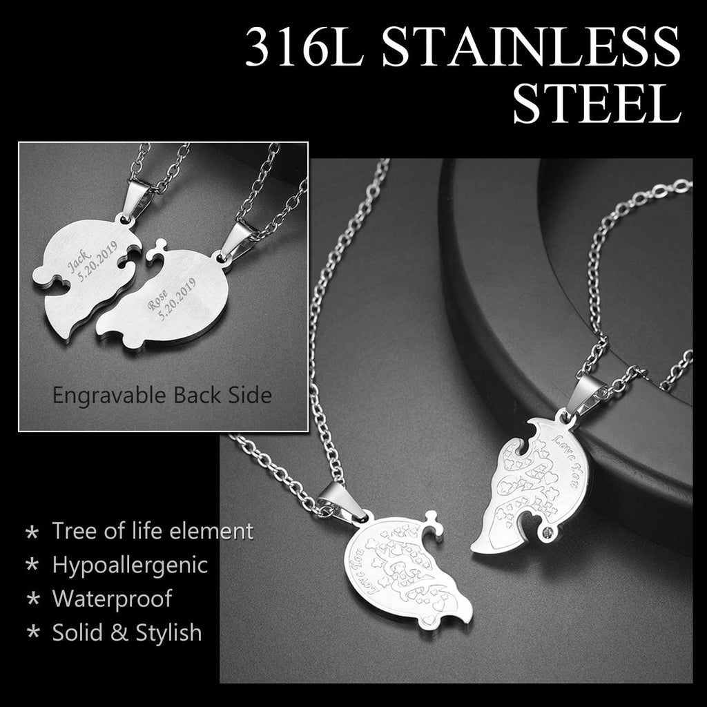 Personalized Engraved Family Tree of Life Puzzle Piece Couple Necklace 