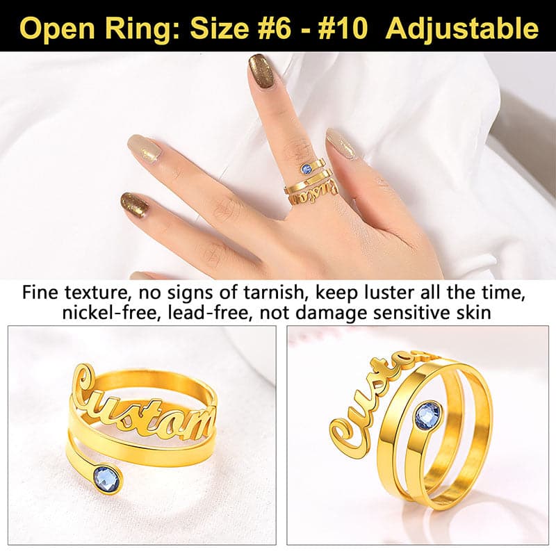 U7 Jewelry Custom Name Ring Triple Layer Open Finger Ring with Birthstone 