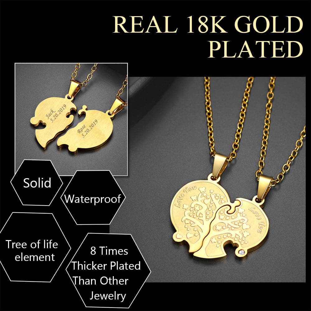 Personalized Engraved Family Tree of Life Puzzle Piece Couple Necklace 