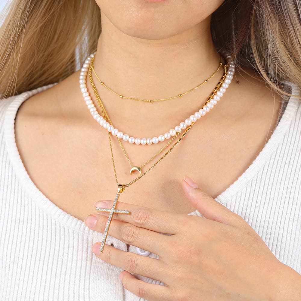 U7 Jewelry Layered Necklace Stacking Set Tiny Ball/ Pearl / New Moon /CZ Cross 