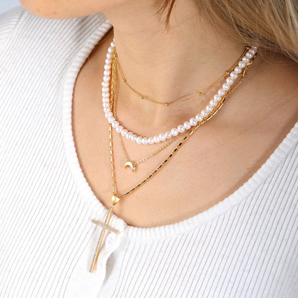 U7 Jewelry Layered Necklace Stacking Set Tiny Ball/ Pearl / New Moon /CZ Cross 