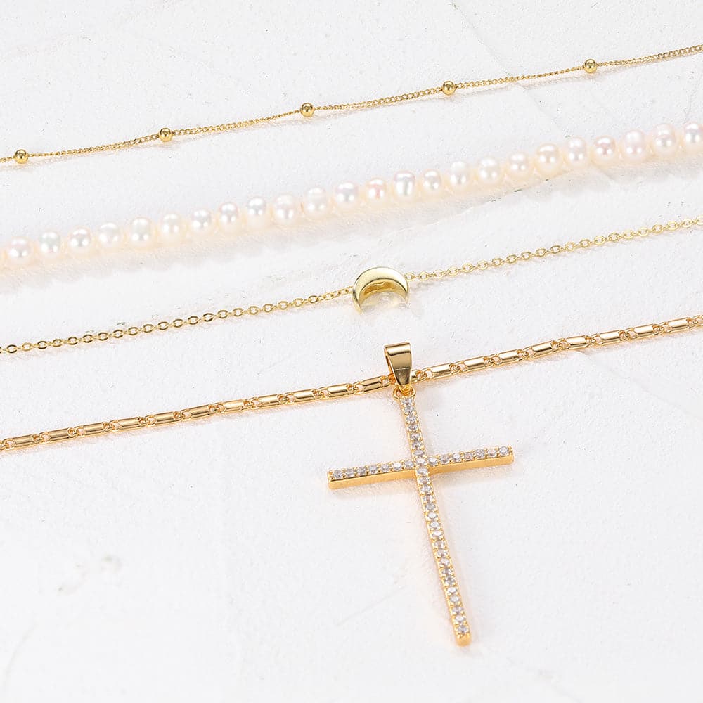 U7 Jewelry Layered Necklace Stacking Set Tiny Ball/ Pearl / New Moon /CZ Cross 