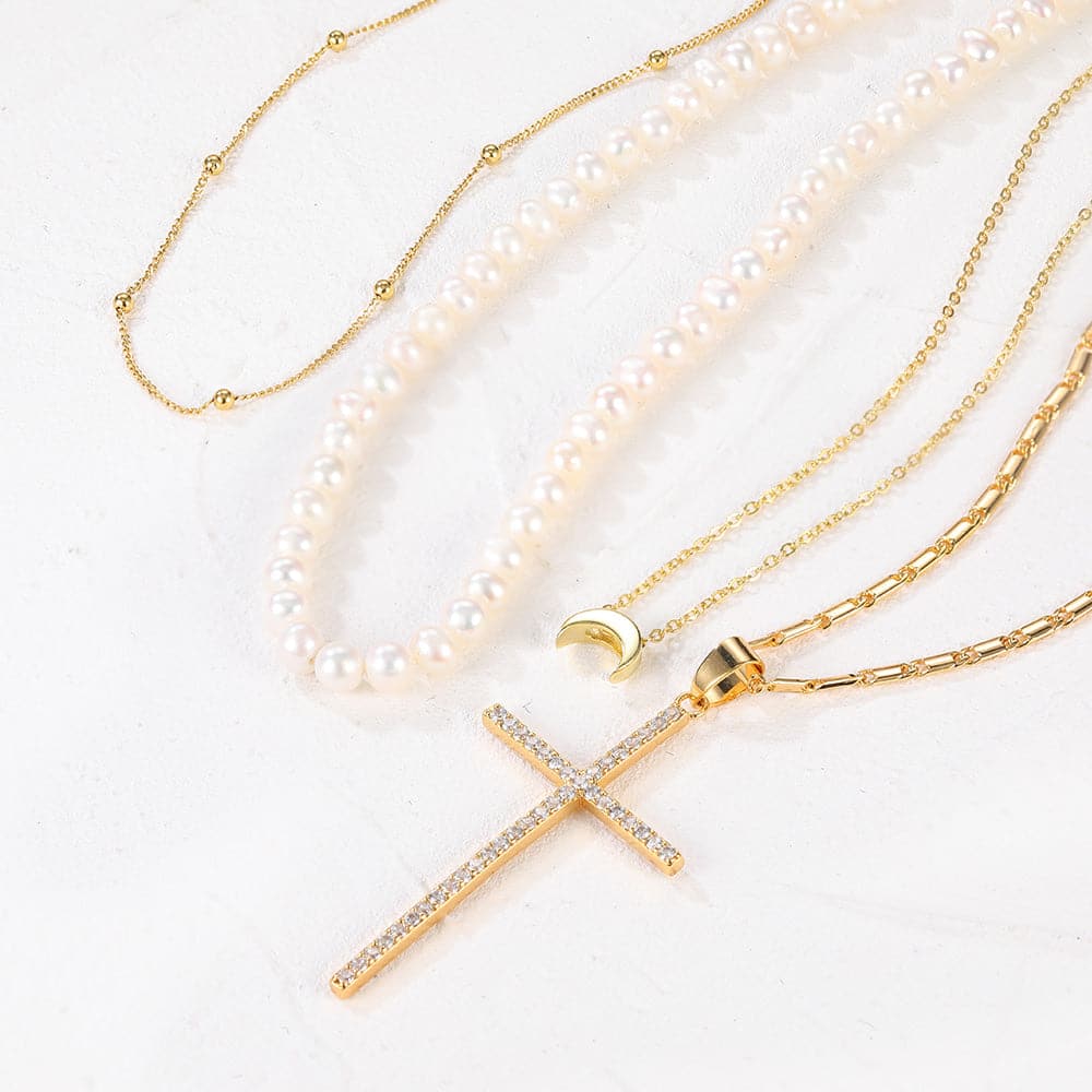 U7 Jewelry Layered Necklace Stacking Set Tiny Ball/ Pearl / New Moon /CZ Cross 