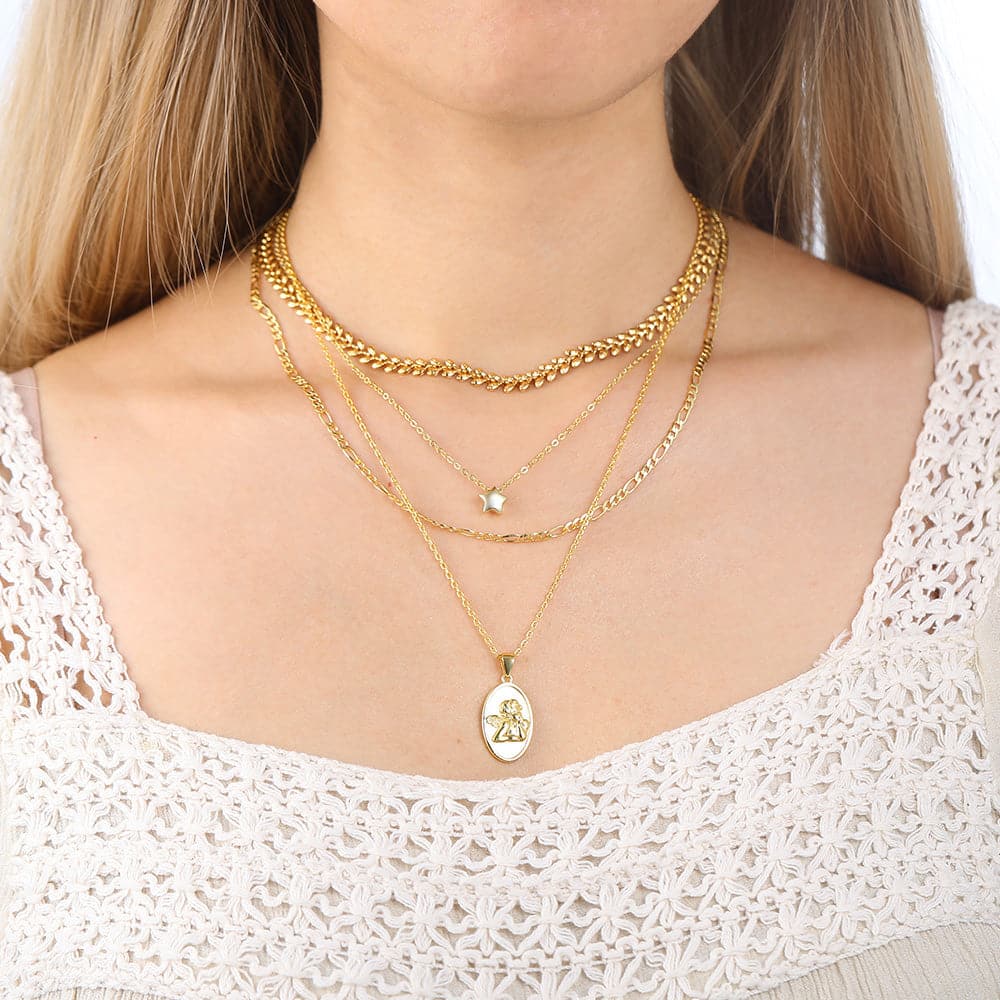 U7 Jewelry Layering Necklace Set Angel Coin/ Wheat Leaf / Tiny Star /Figaro Chain Stacking Necklace 