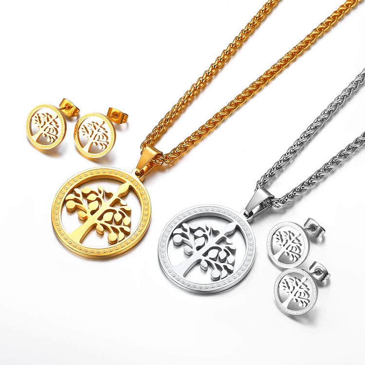 Round Hollow Tree Of Life Pendant Necklace Earring Wedding Jewelry Sets 