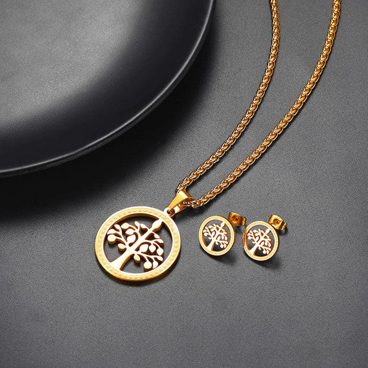 Round Hollow Tree Of Life Pendant Necklace Earring Wedding Jewelry Sets 