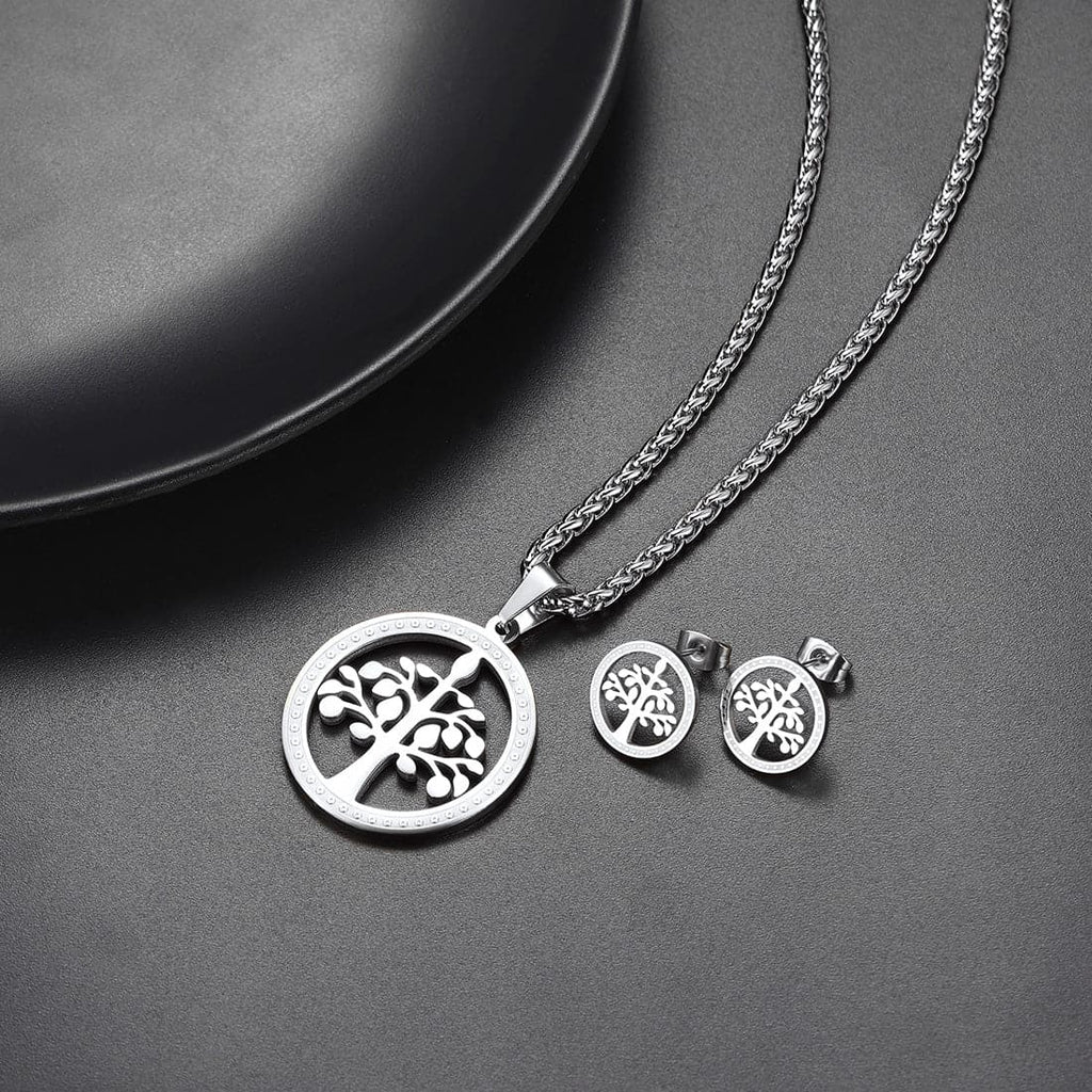 Round Hollow Tree Of Life Pendant Necklace Earring Wedding Jewelry Sets 