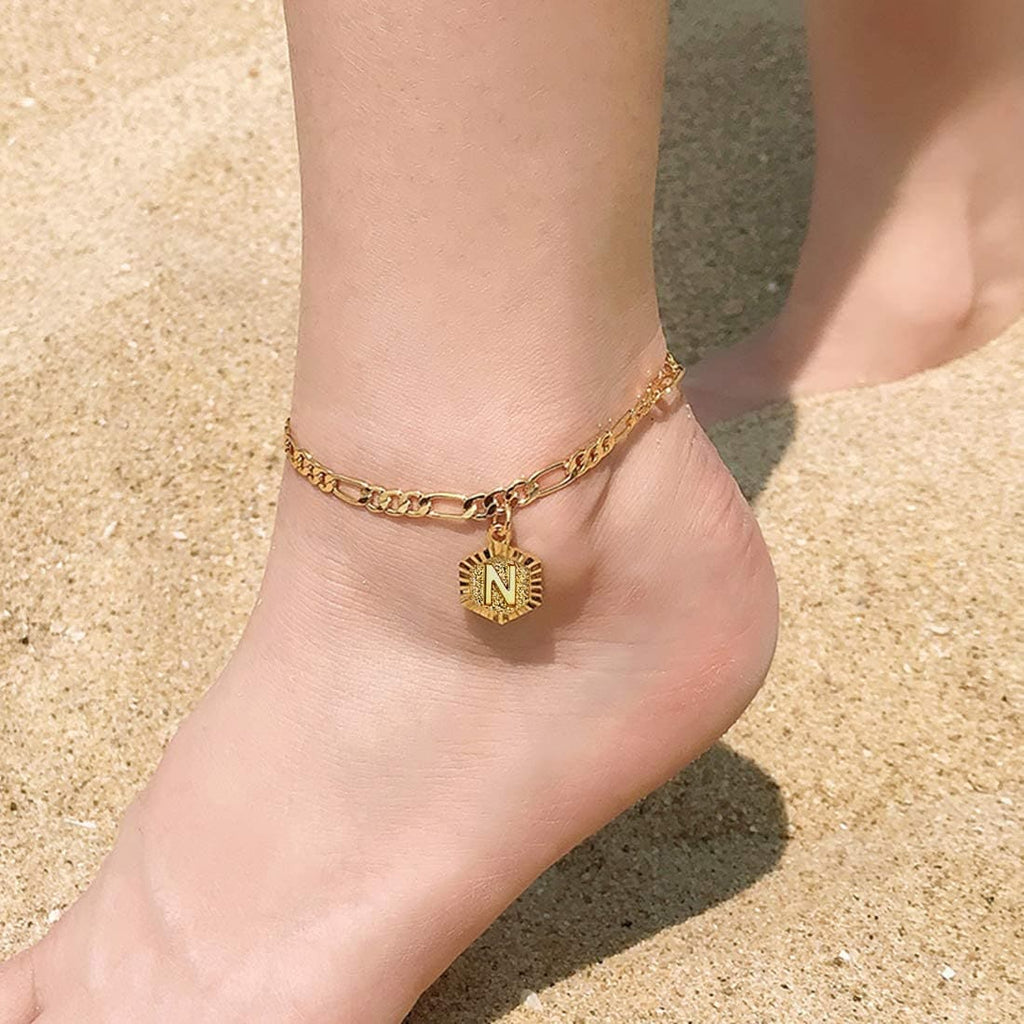 U7 Custom Hexagon Initial Anklets for Women Figaro Chain Ankle Bracelet 