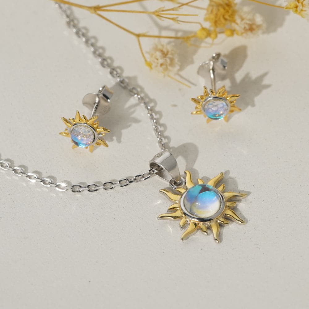 925 Sterling Silver Moonstone Sun Earrings Necklace 