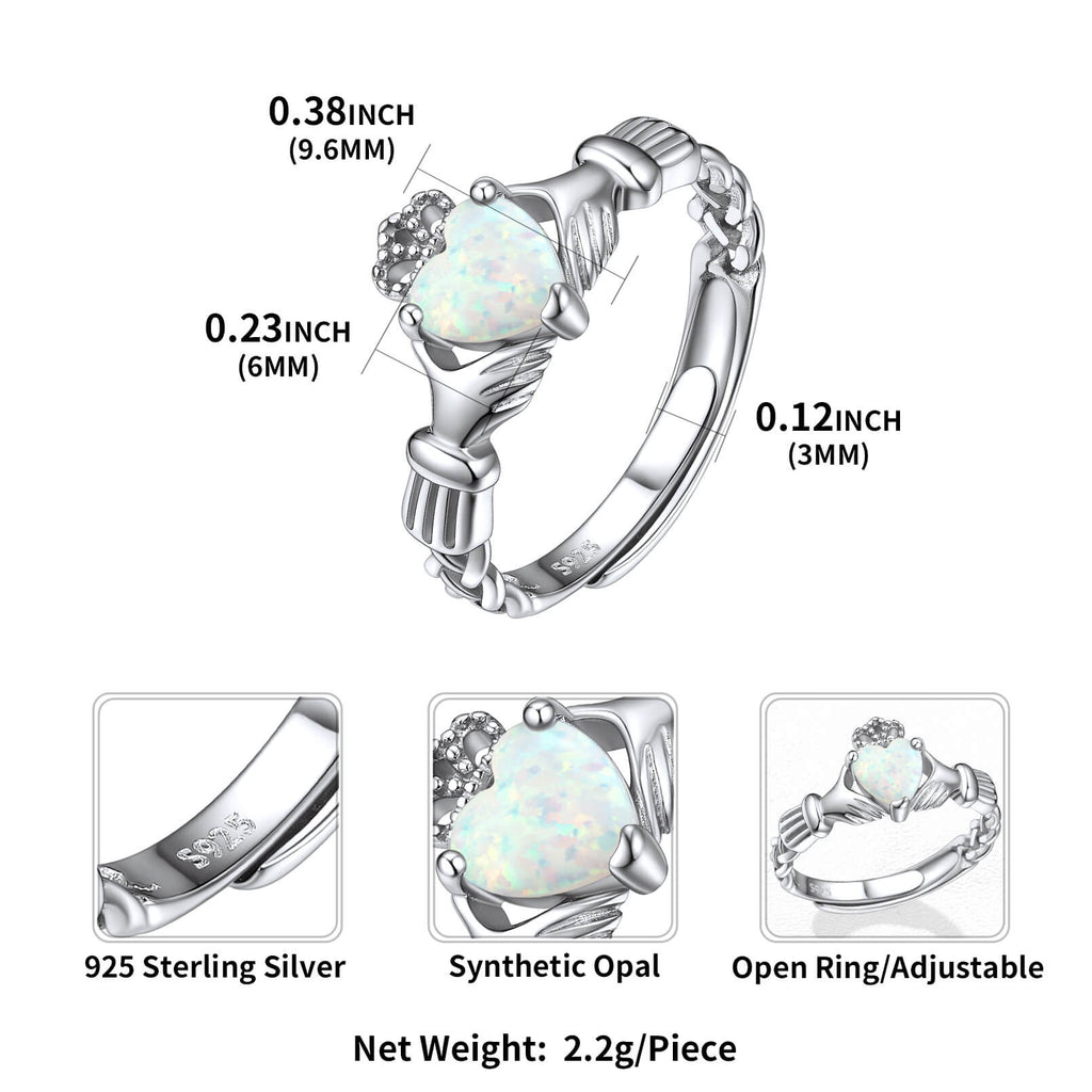 Adjustable 925 Sterling Silver Irish Claddagh Opal Ring Wedding Engagement 