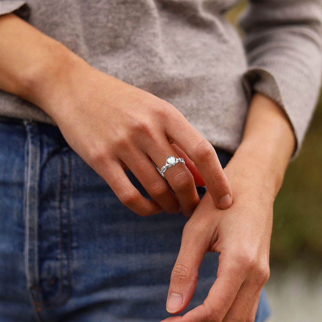 Adjustable 925 Sterling Silver Irish Claddagh Opal Ring Wedding Engagement 