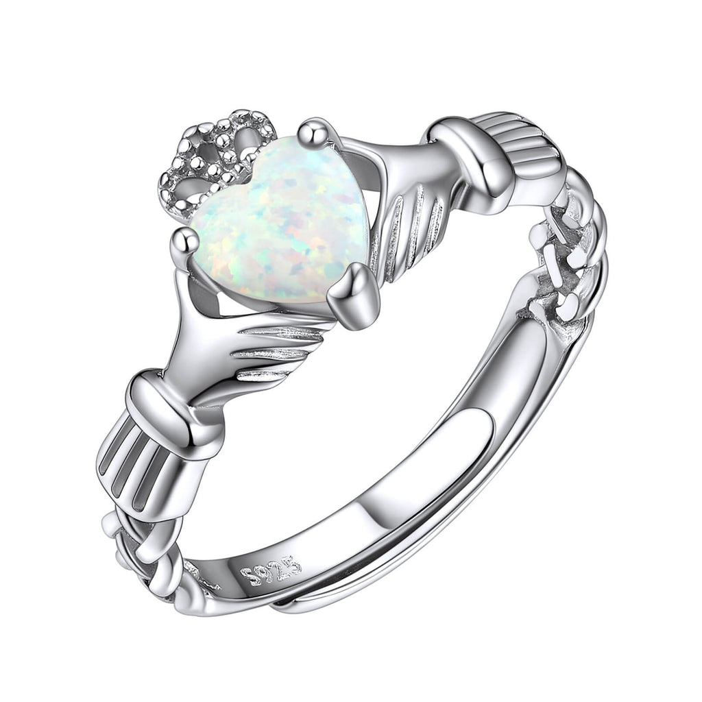 Adjustable 925 Sterling Silver Irish Claddagh Opal Ring Wedding Engagement 