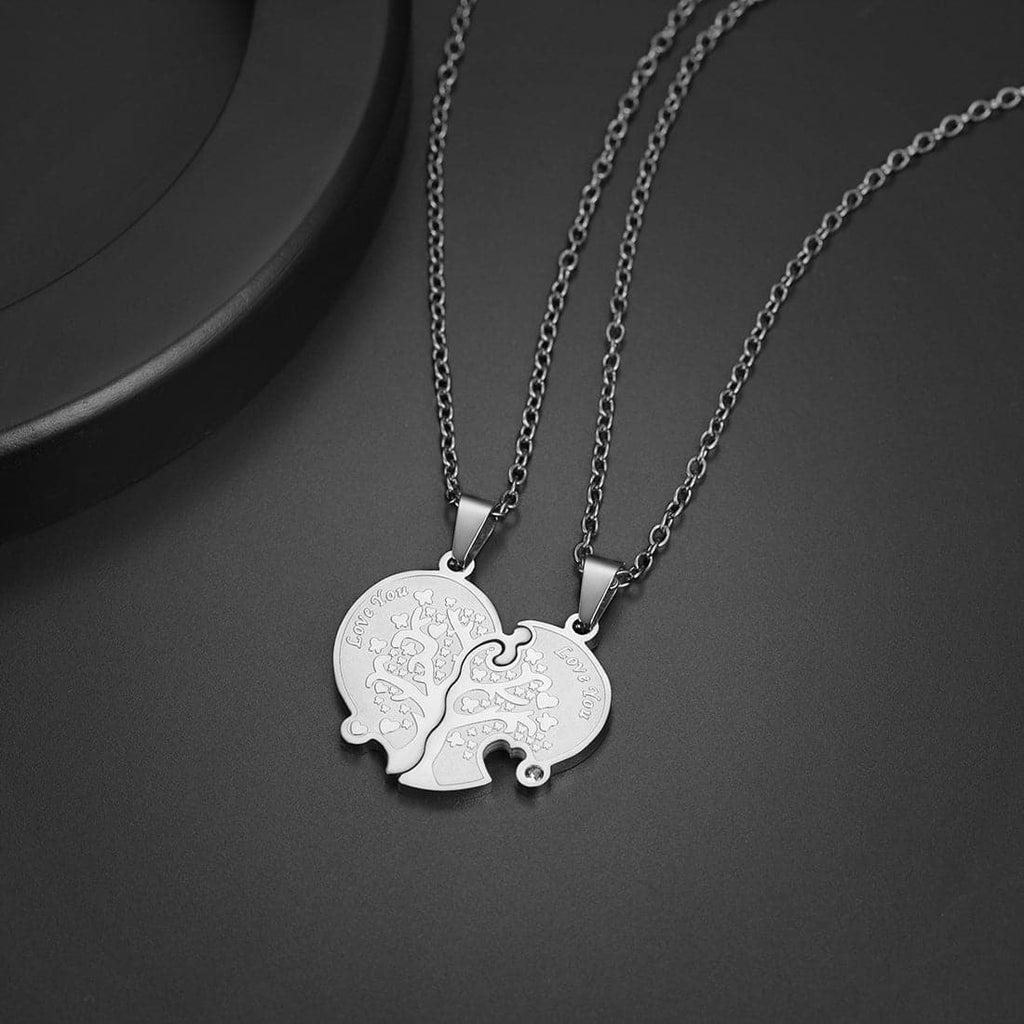 Personalized Engraved Family Tree of Life Puzzle Piece Couple Necklace 