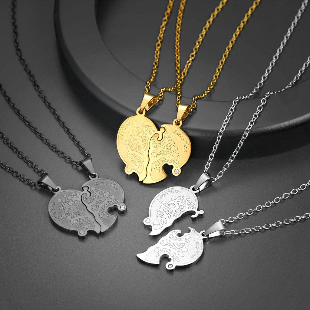 Personalized Engraved Family Tree of Life Puzzle Piece Couple Necklace 