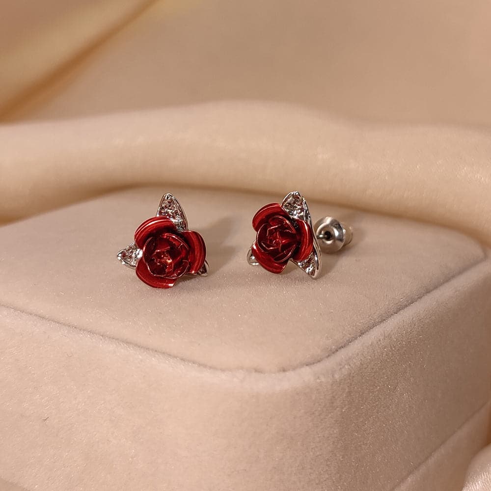 Cute Red Rose Flower Stud Earrings 18K Gold Plated Gifts For Women 