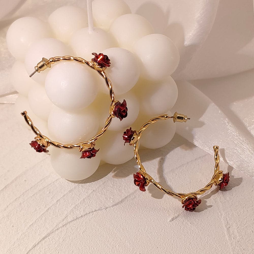 Classic Red Rose Flower Cuff Open Hoop Earrings 18K Gold Plated For Women 