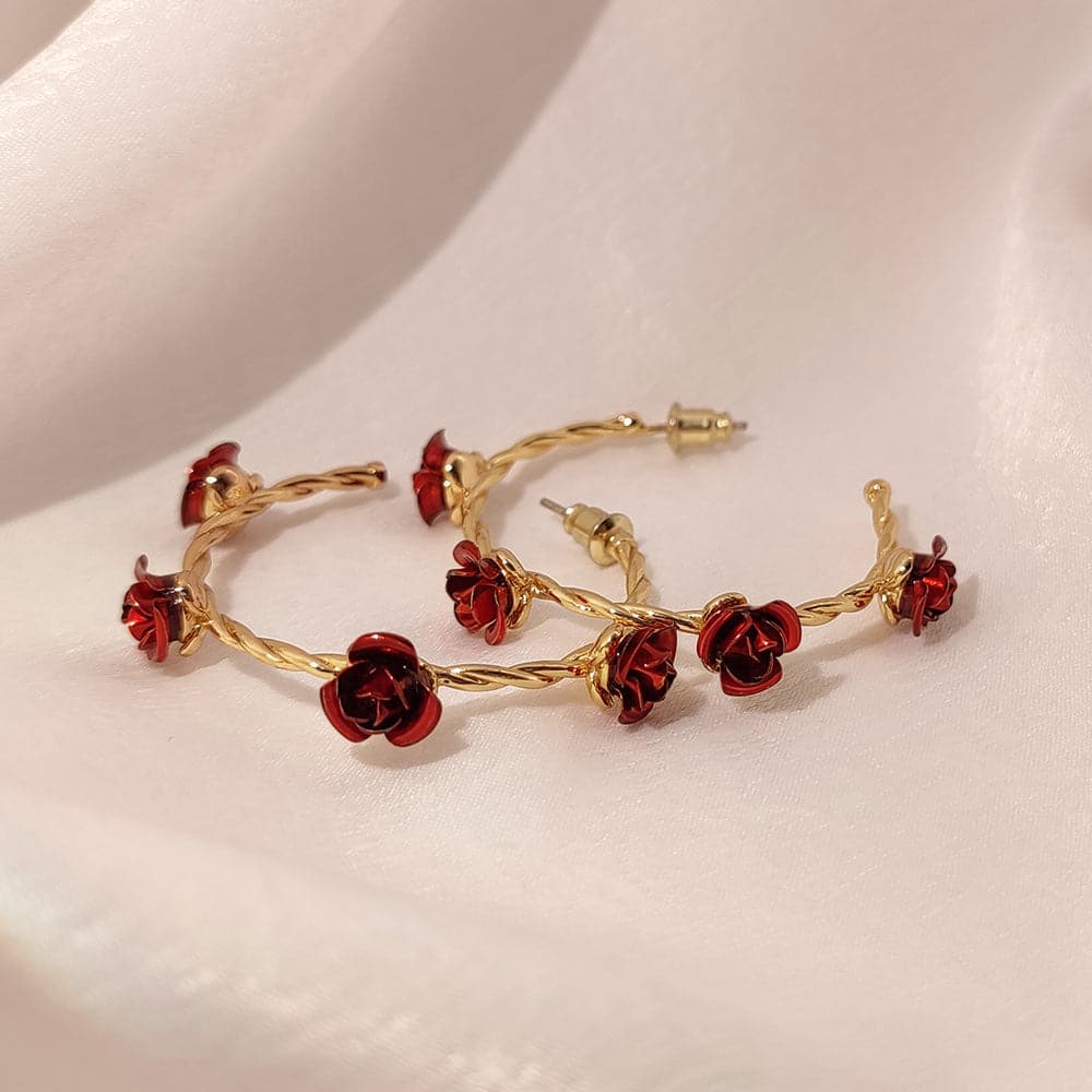 Classic Red Rose Flower Cuff Open Hoop Earrings 18K Gold Plated For Women 