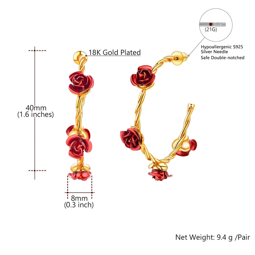 Classic Red Rose Flower Cuff Open Hoop Earrings 18K Gold Plated For Women 