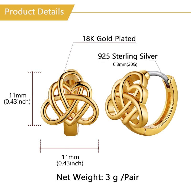 Chic 18K Gold Plated Heart Celtic Knot Cuff Hoop Earrings Silver Post 