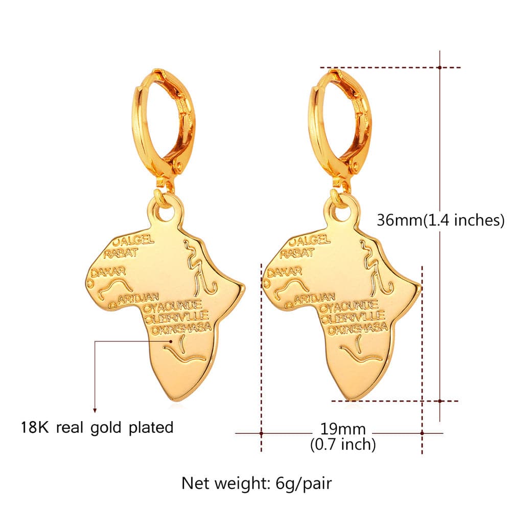 Africa Map Drop Earrings Custom 18K Gold Plated Ethnic African Style For Women 