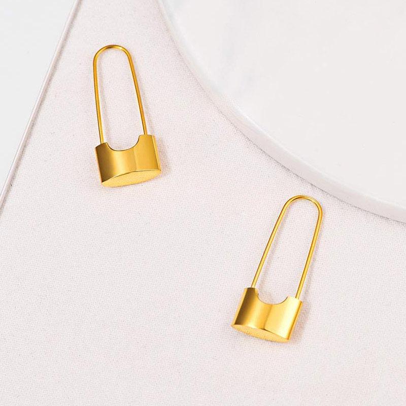 18K Gold Plated Lock Drop Earrings Engrave Statement Hollow for Women 