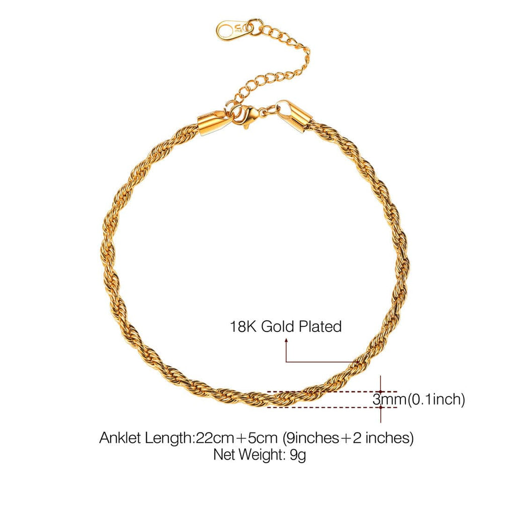 Twisted Rope Chain Anklet for Women Gold Ankle Bracelet 3MM Wide 