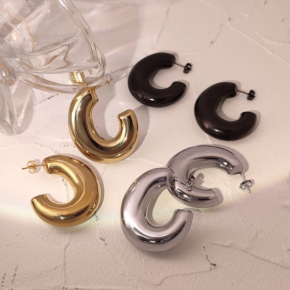 Modern Stainless Steel 40MM Chunky Wide Semicircle C Hoop Earrings 