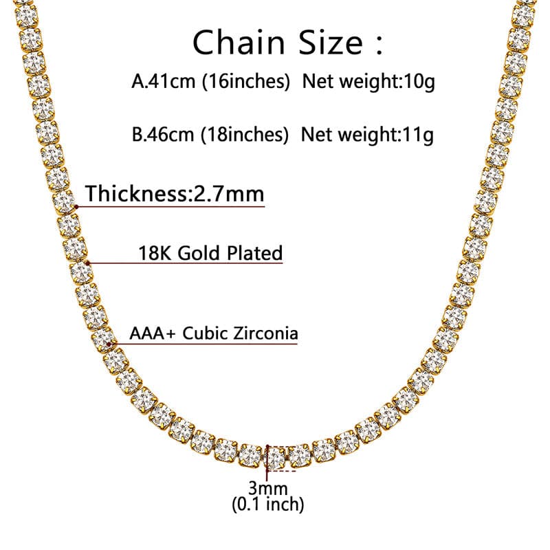 Women's Diamond Tennis Chain Gold Plated Cubic Zirconia Hip Hop Necklace 