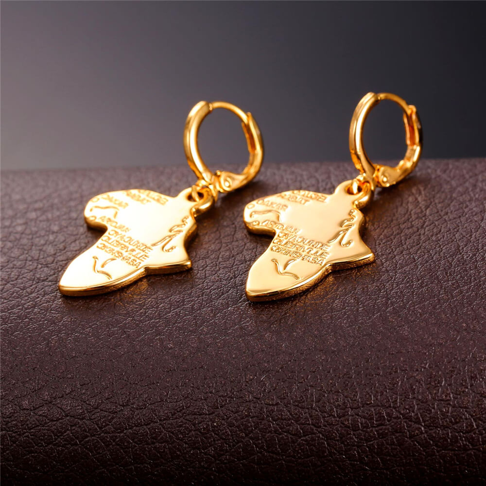 Africa Map Drop Earrings Custom 18K Gold Plated Ethnic African Style For Women 