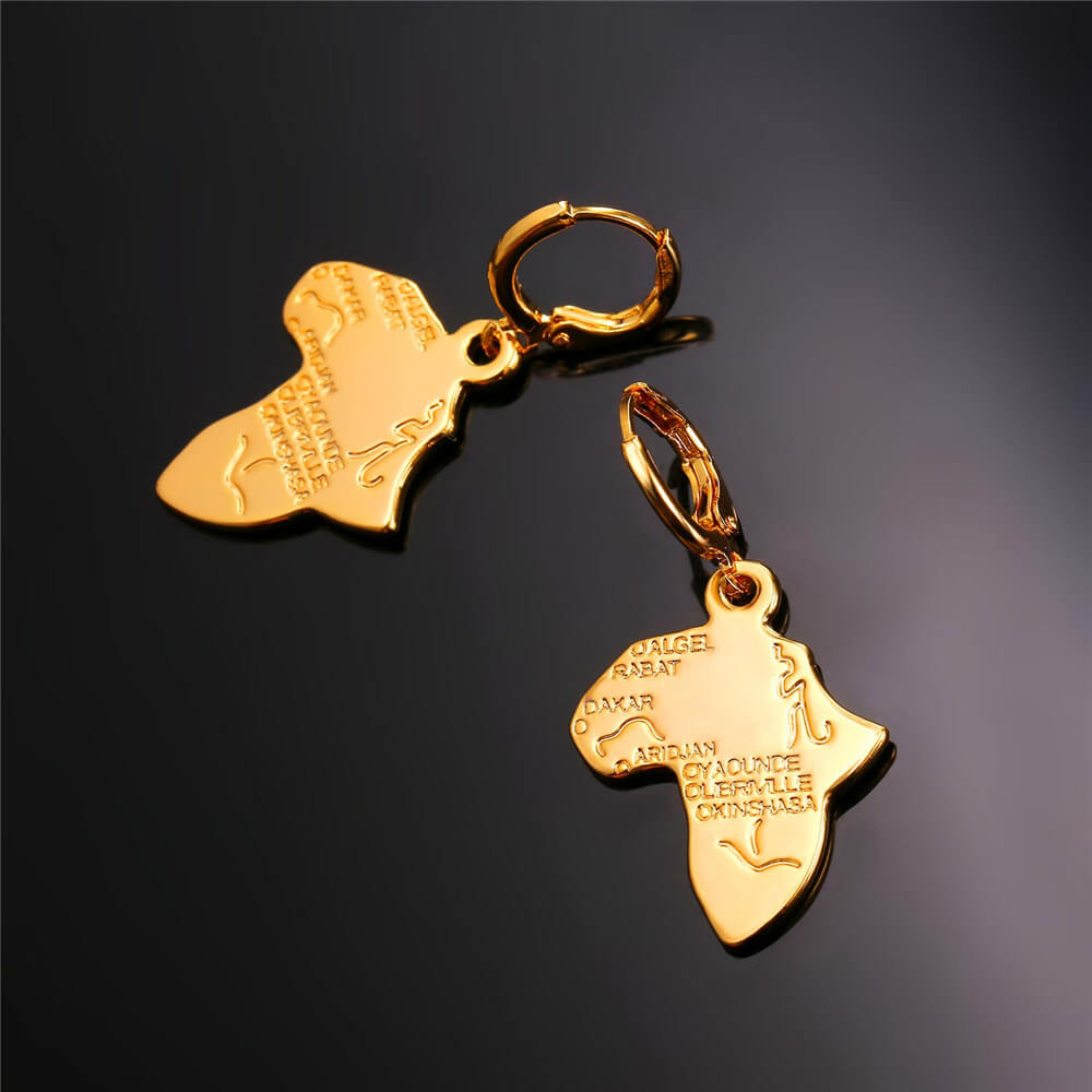 Africa Map Drop Earrings Custom 18K Gold Plated Ethnic African Style For Women 