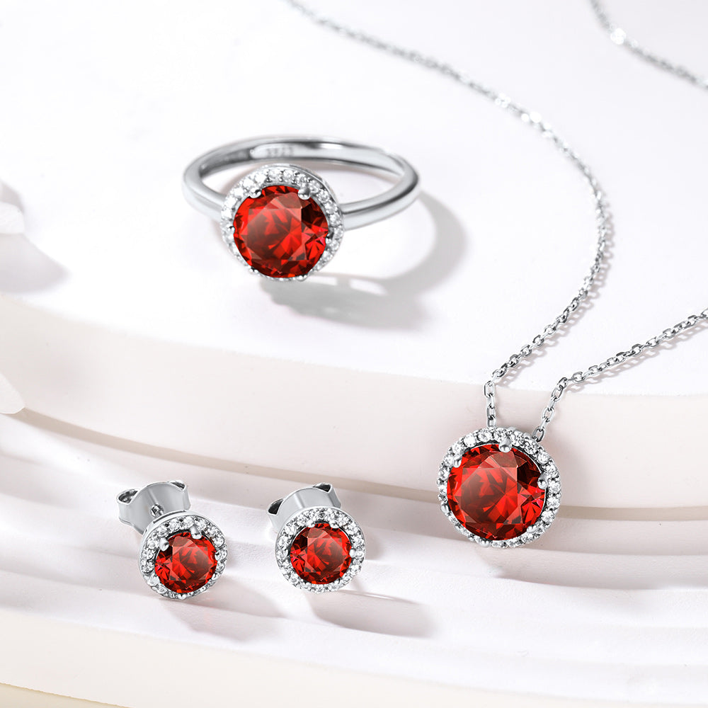 U7 Jewelry S925 Birthstone Jewelry Set Round Necklace Earrings Ring 