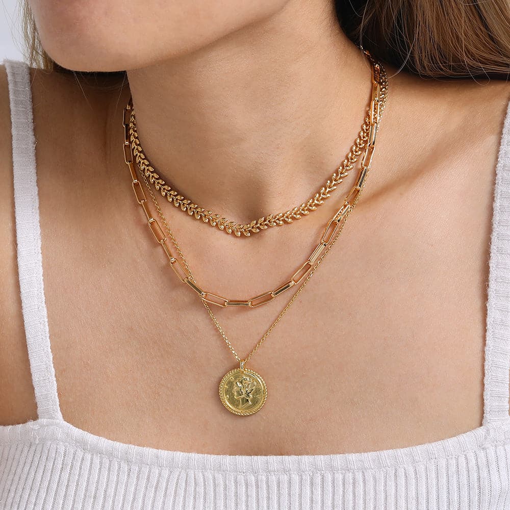 U7 Jewelry Gold Layered Necklace Set Wheat Leaf / Paper Clip / S925 Liberty Coin Stacking Necklace 