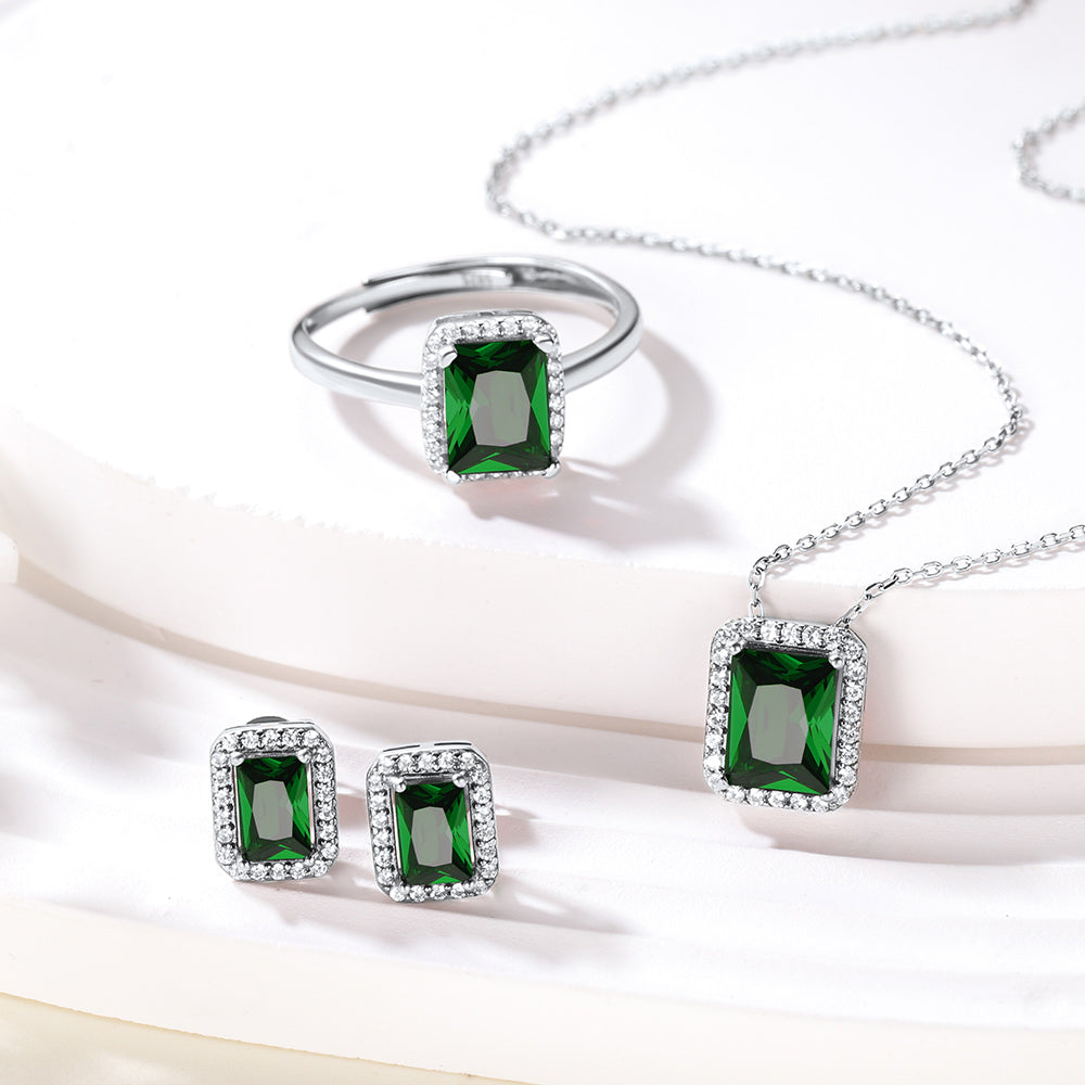 U7 Jewelry Silver Birthstone Jewelry Set Emerald Cut Necklace Earrings Ring 