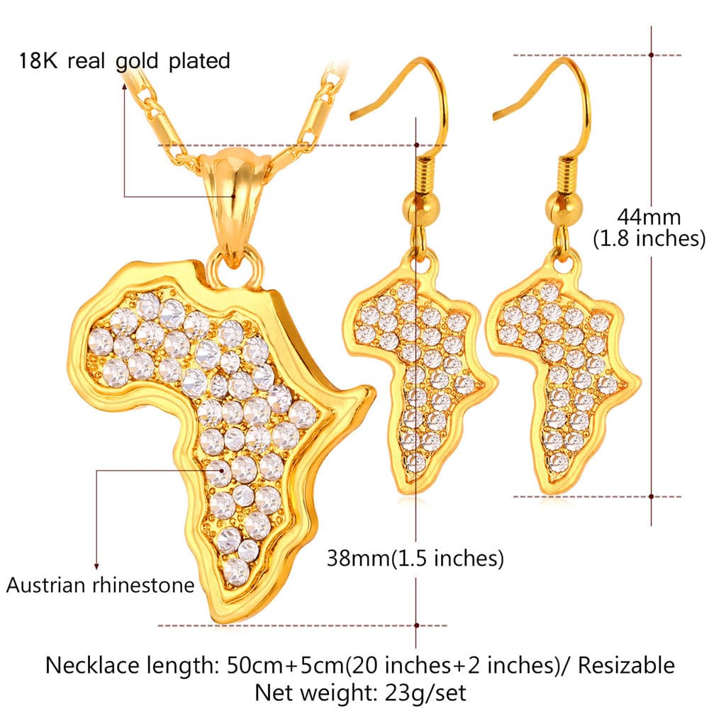 18K Gold/Platinum Plated Rhinestone Africa Map Pendant Necklace Earrings Set 