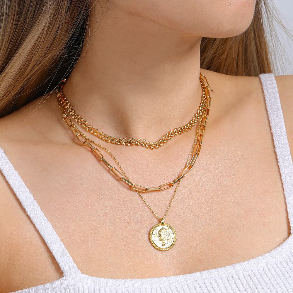 U7 Jewelry Gold Layered Necklace Set Wheat Leaf / Paper Clip / S925 Liberty Coin Stacking Necklace 