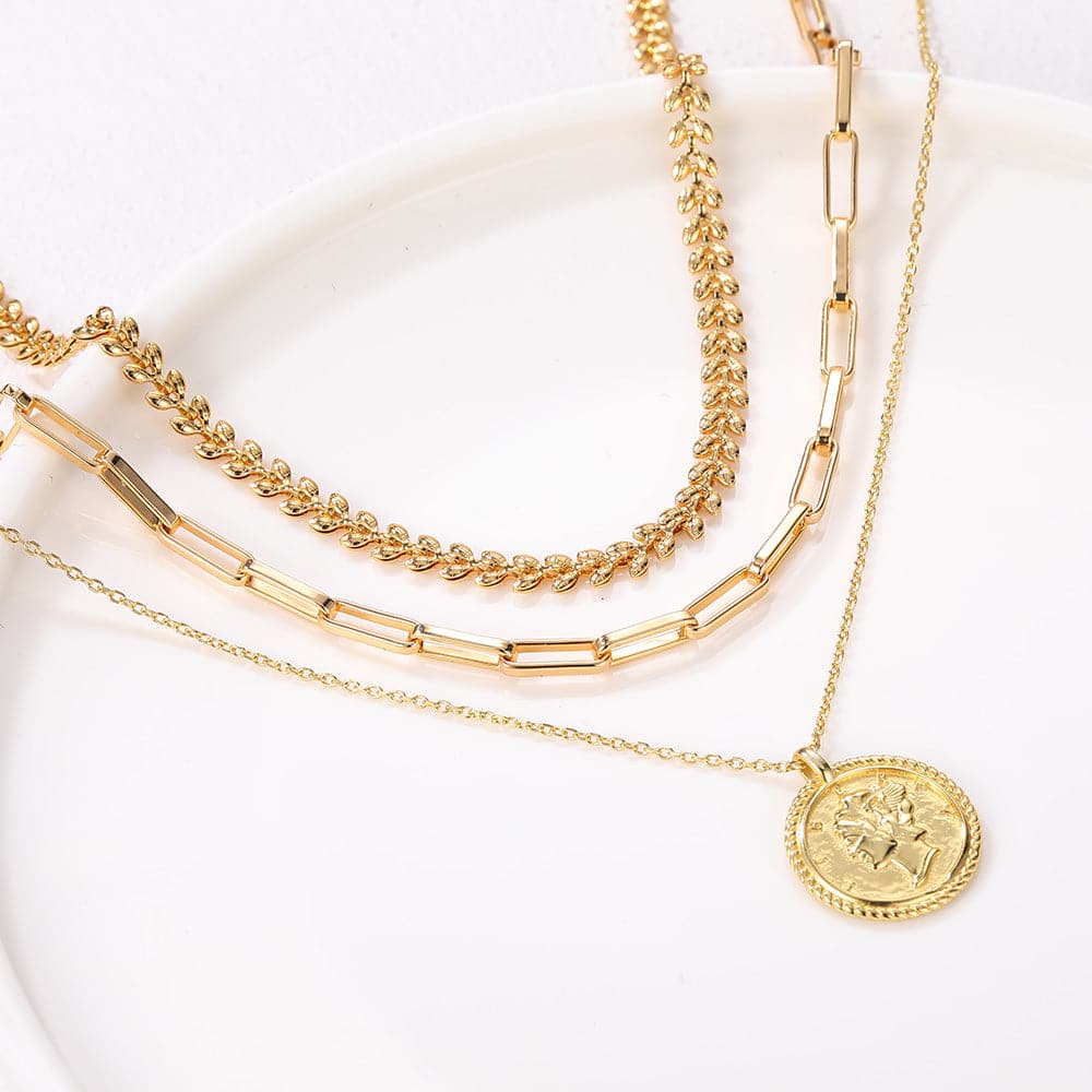 U7 Jewelry Gold Layered Necklace Set Wheat Leaf / Paper Clip / S925 Liberty Coin Stacking Necklace 