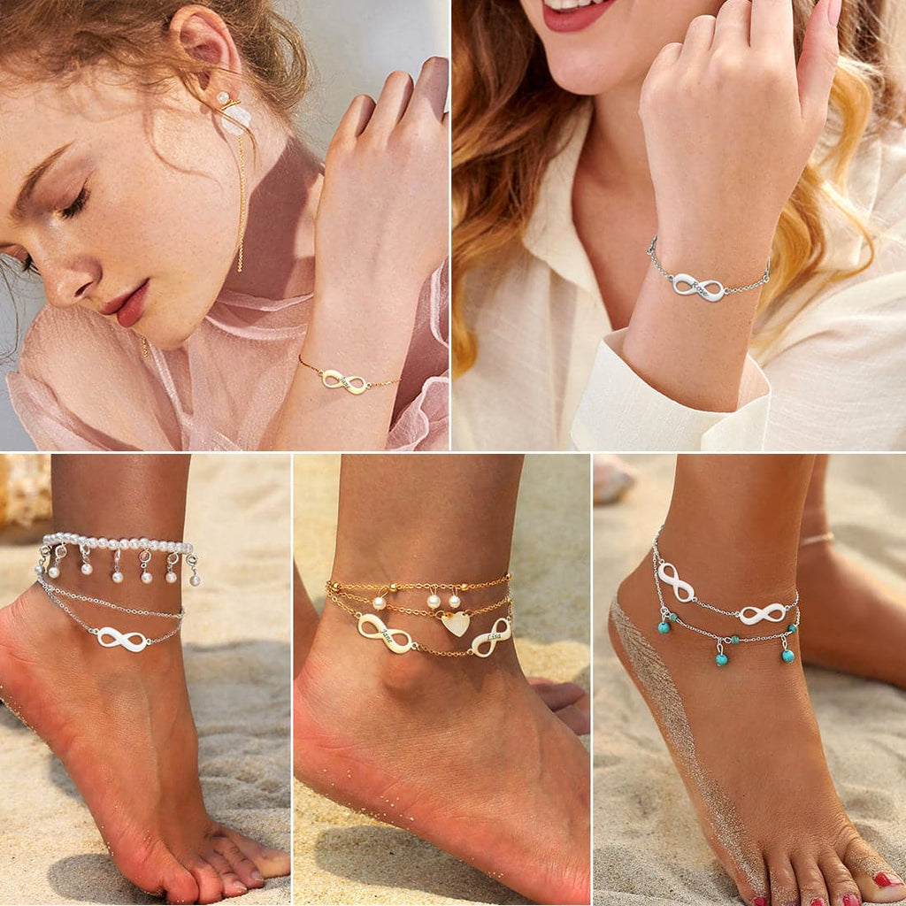 925 Sterling Silver Engraved Infinity Anklet For Women Summer Beach Anklets 