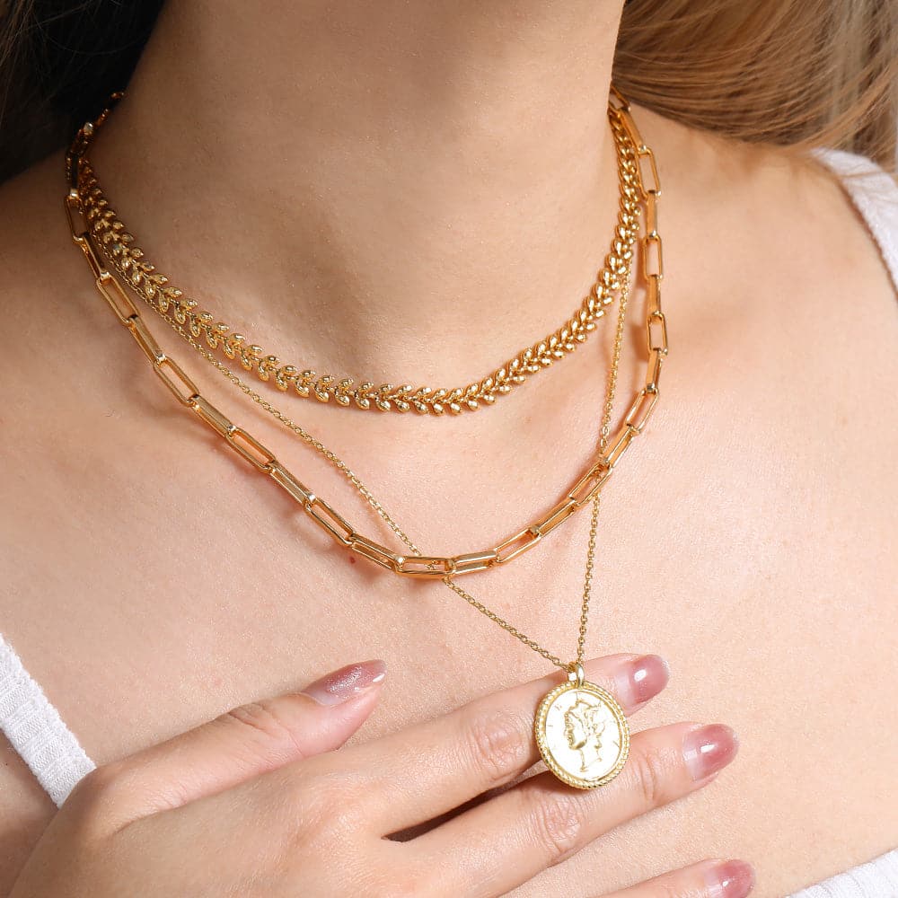 U7 Jewelry Gold Layered Necklace Set Wheat Leaf / Paper Clip / S925 Liberty Coin Stacking Necklace 