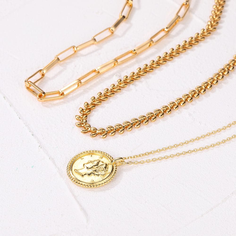 U7 Jewelry Gold Layered Necklace Set Wheat Leaf / Paper Clip / S925 Liberty Coin Stacking Necklace 