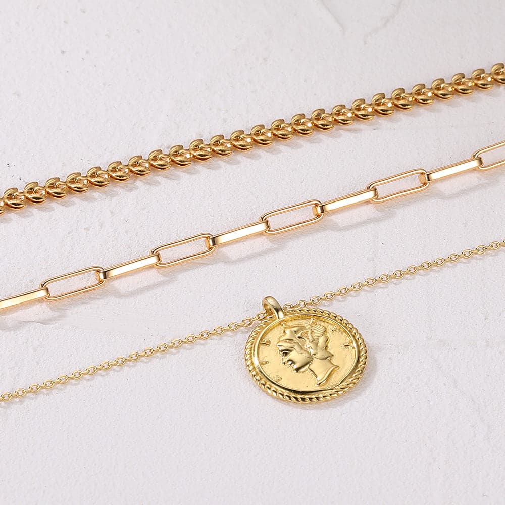 U7 Jewelry Gold Layered Necklace Set Wheat Leaf / Paper Clip / S925 Liberty Coin Stacking Necklace 