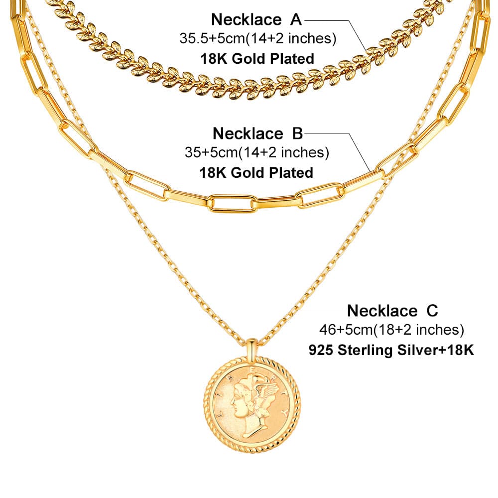 U7 Jewelry Gold Layered Necklace Set Wheat Leaf / Paper Clip / S925 Liberty Coin Stacking Necklace 