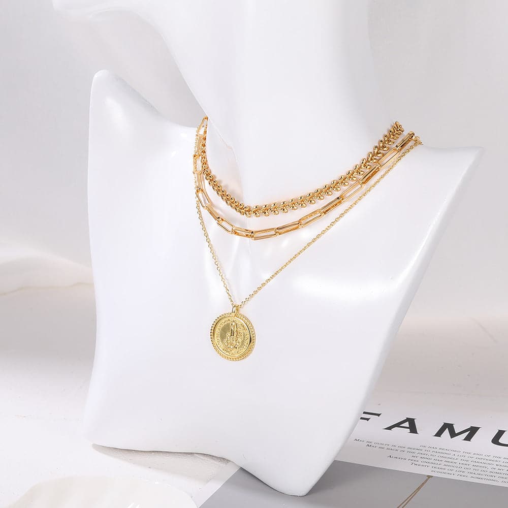 U7 Jewelry Gold Layered Necklace Set Wheat Leaf / Paper Clip / S925 Liberty Coin Stacking Necklace 