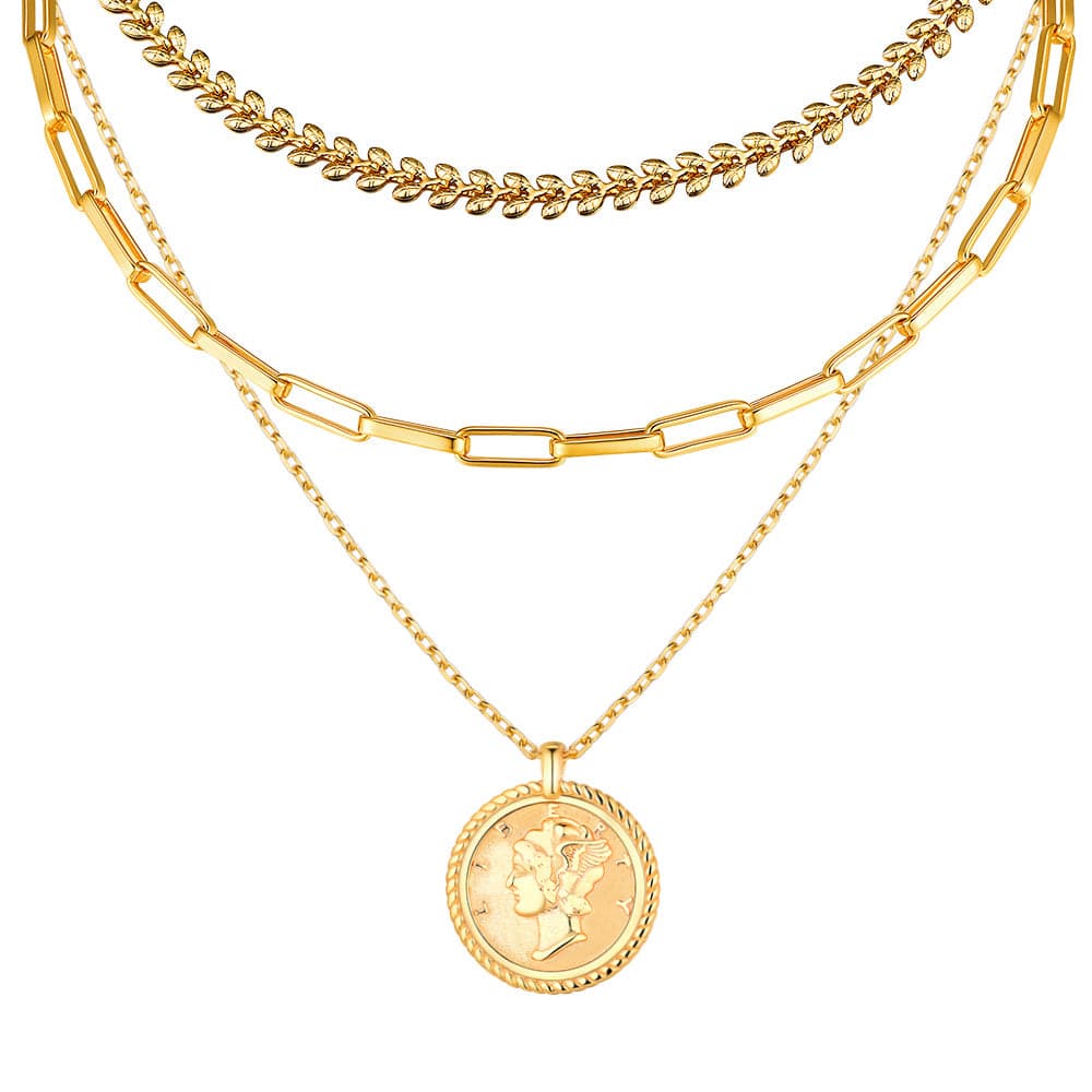 U7 Jewelry Gold Layered Necklace Set Wheat Leaf / Paper Clip / S925 Liberty Coin Stacking Necklace 