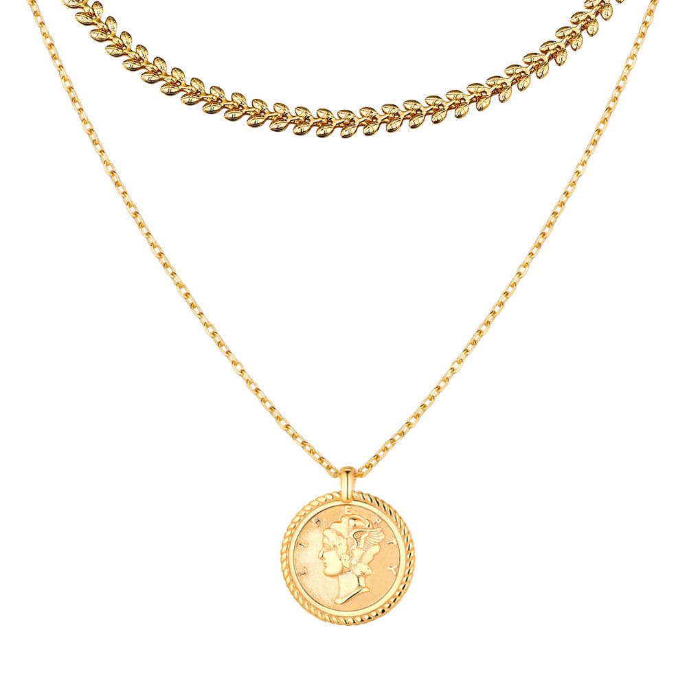 U7 Jewelry Gold Layered Necklace Set Wheat Leaf / Paper Clip / S925 Liberty Coin Stacking Necklace 