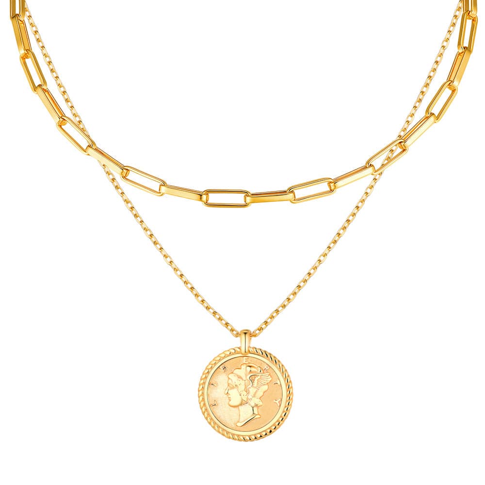 U7 Jewelry Gold Layered Necklace Set Wheat Leaf / Paper Clip / S925 Liberty Coin Stacking Necklace 